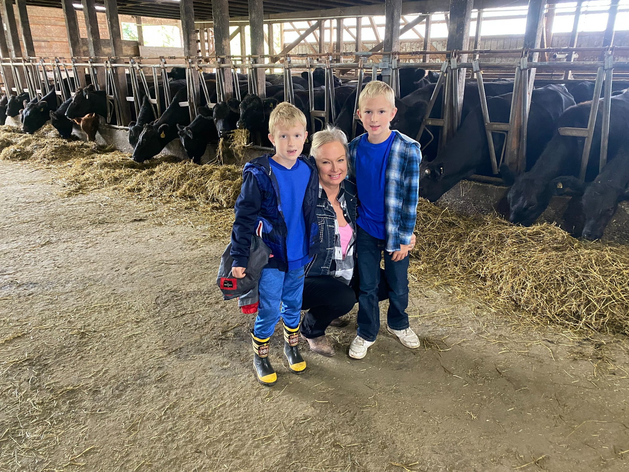 Melanie and the boys together in the barn with the cattle